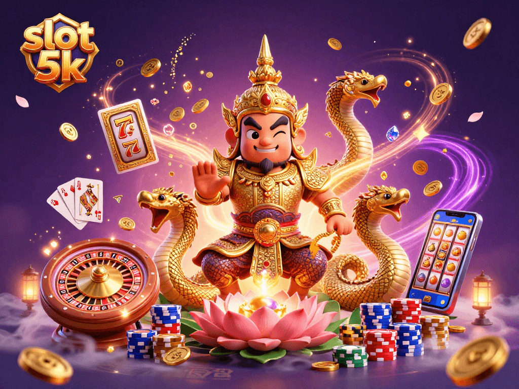 Spin the slot 5k reels with vibrant characters amid cascading coins and gems in a dynamic casino scene.