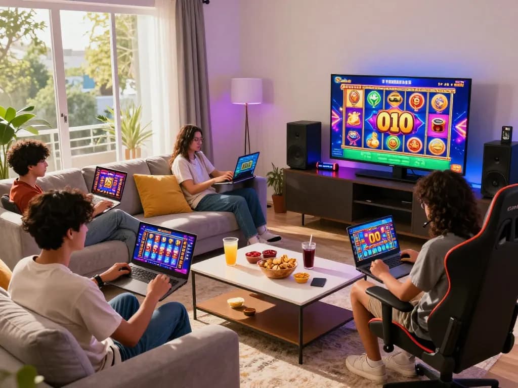Exciting scene of players enjoying slot gacor games in a vibrant living room, highlighting the engaging gaming atmosphere.