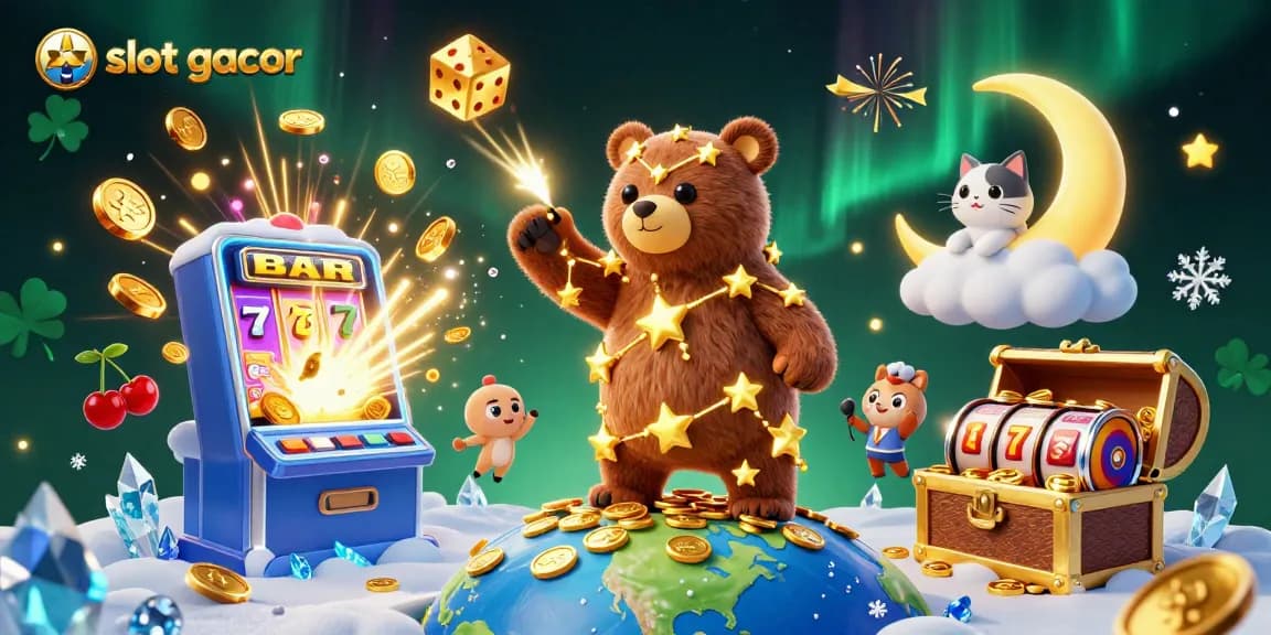 Experience thrilling slot gacor action as the whimsical constellation bear scoops coins amidst a vibrant jackpot scene.