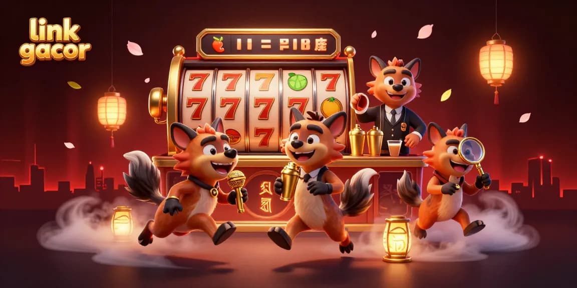 Engage with link gacor and spin slots in a vibrant comedy casino scene with hyenas.