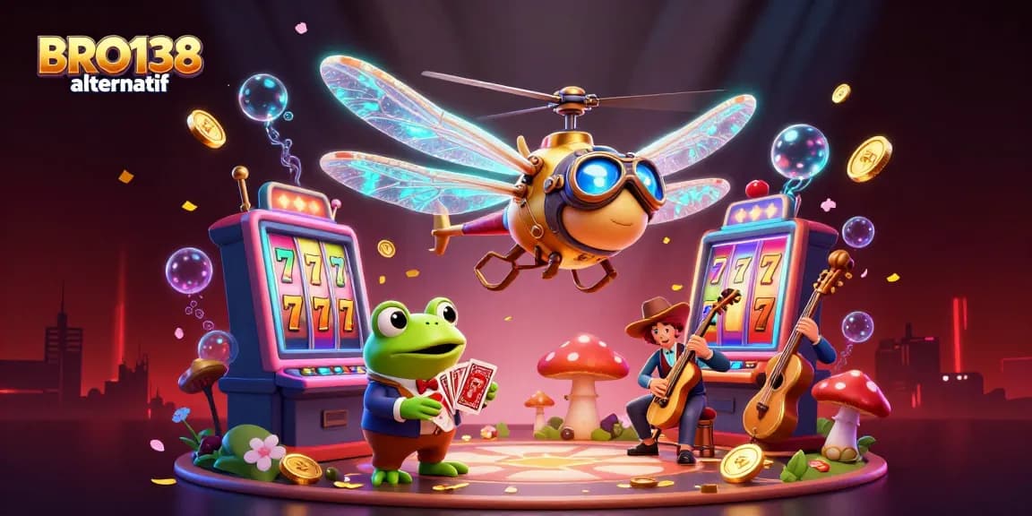 Experience thrilling gameplay with BRO138 alternatif as the frog croupier deals cards in a vibrant casino scene.
