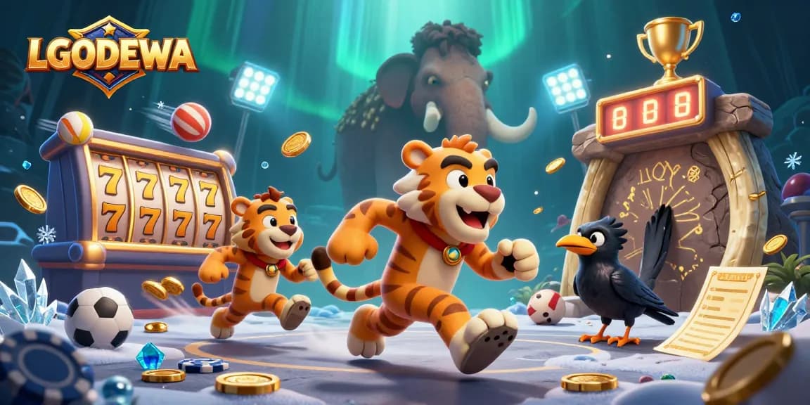 Engage in thrilling slots at LGODEWA with a prehistoric casino adventure featuring vibrant characters and elements.