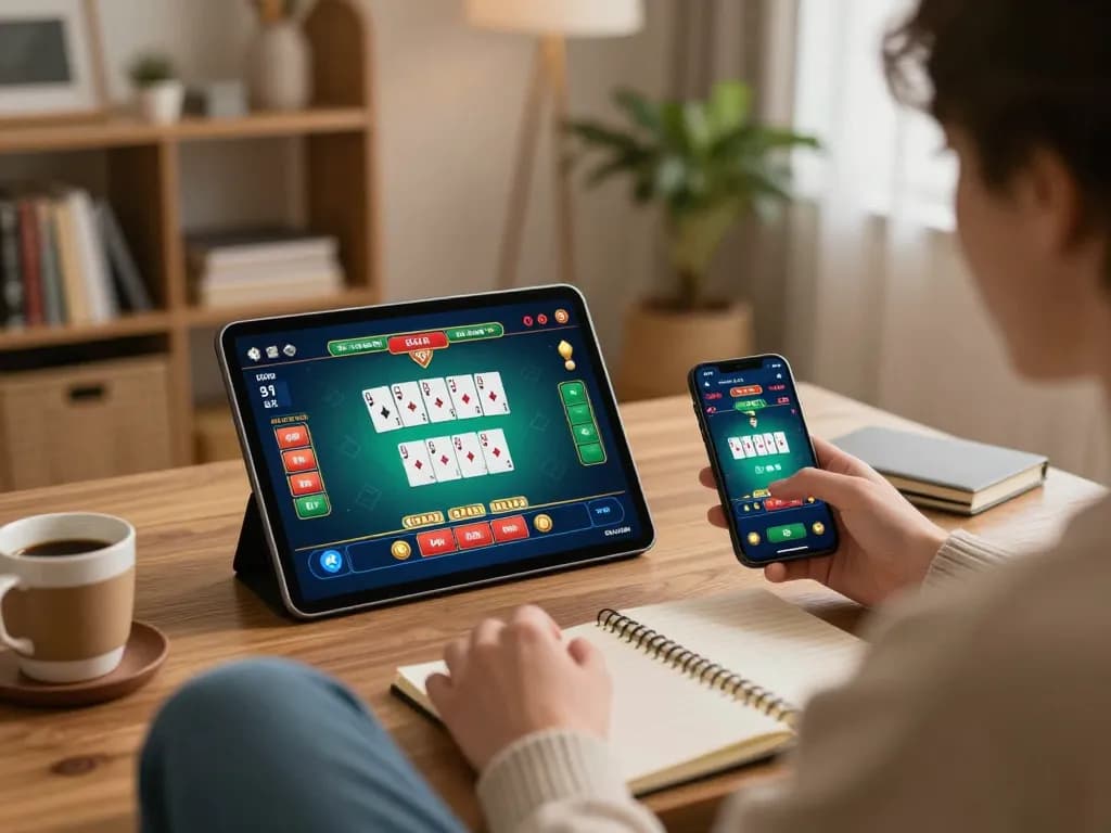 98win user engaging with online games on tablet in cozy home setting, showcasing a vibrant interface.