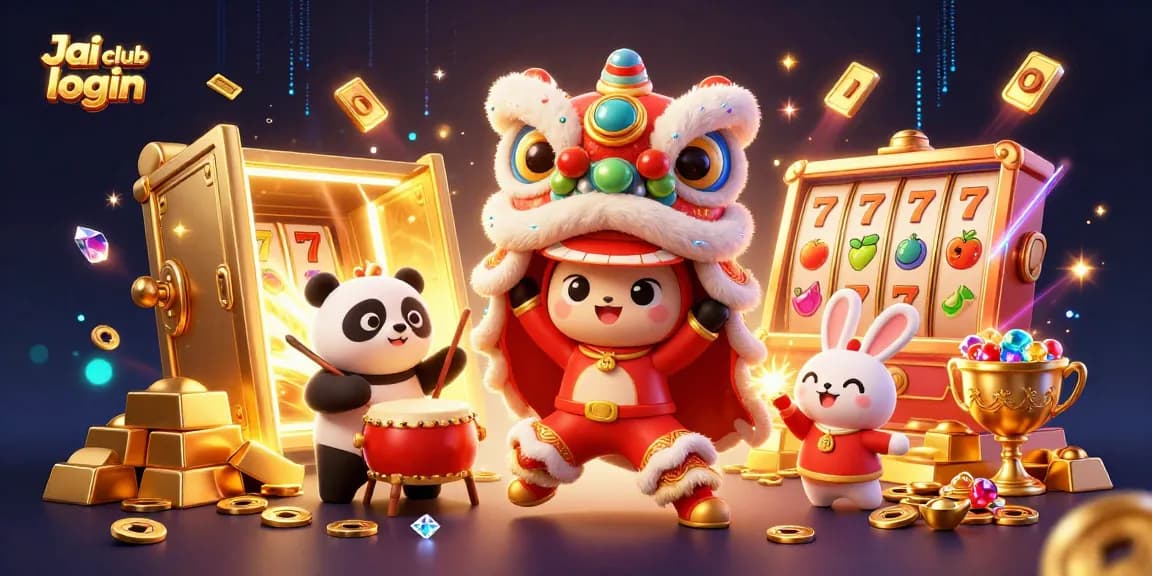 Experience winning action with immersive Jai club login scene featuring Chinese New Year lion dance and gold treasures.