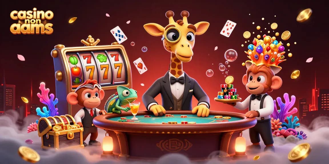 Gioca ai casino non AAMS e vinci con l'elegante giraffa al tavolo da poker, circondata da simboli di frutta e carte volanti.