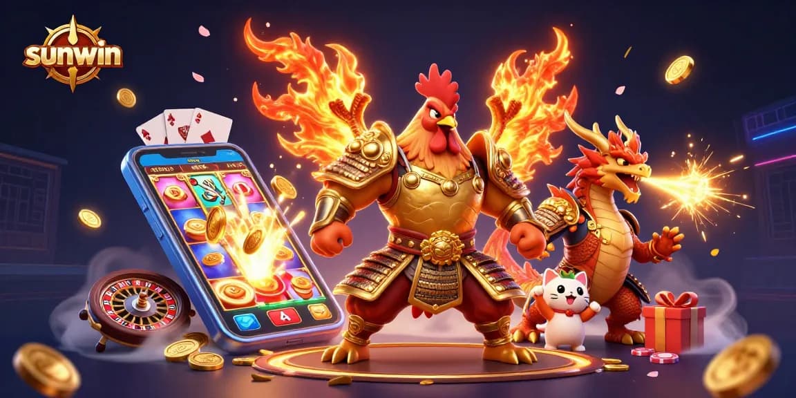 Join the excitement at sunwin with fierce rooster and dragon warriors in a vibrant casino battle.