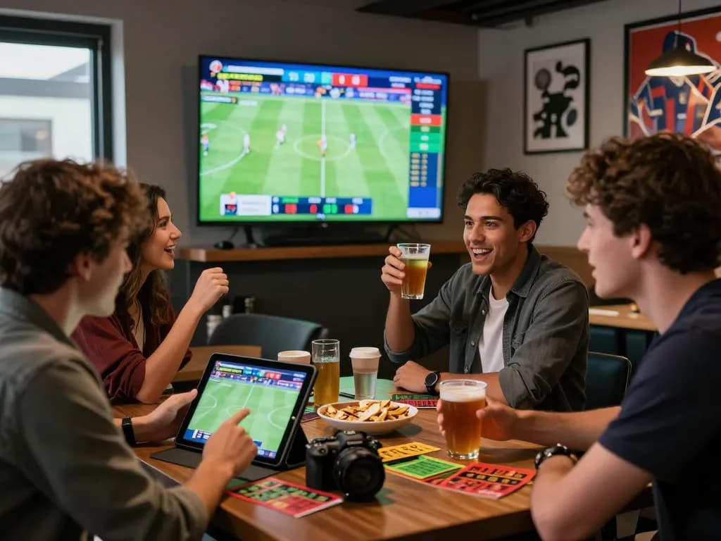 Group enjoying kèo nhà cái while watching live football match in a vibrant lounge.