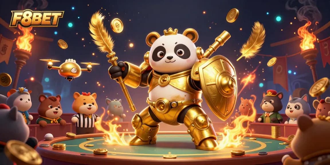 Experience thrilling gameplay with F8BET in a lively 3D gambling arena, featuring a golden panda and dynamic elements.