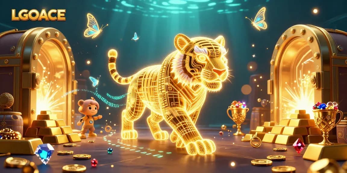 LGOACE takes the spotlight in this vibrant casino scene filled with golden treasures and high-energy characters.