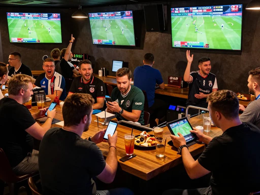 Betting enthusiasts engage with live Bundesliga scores and GO8 bets at a vibrant sports bar.