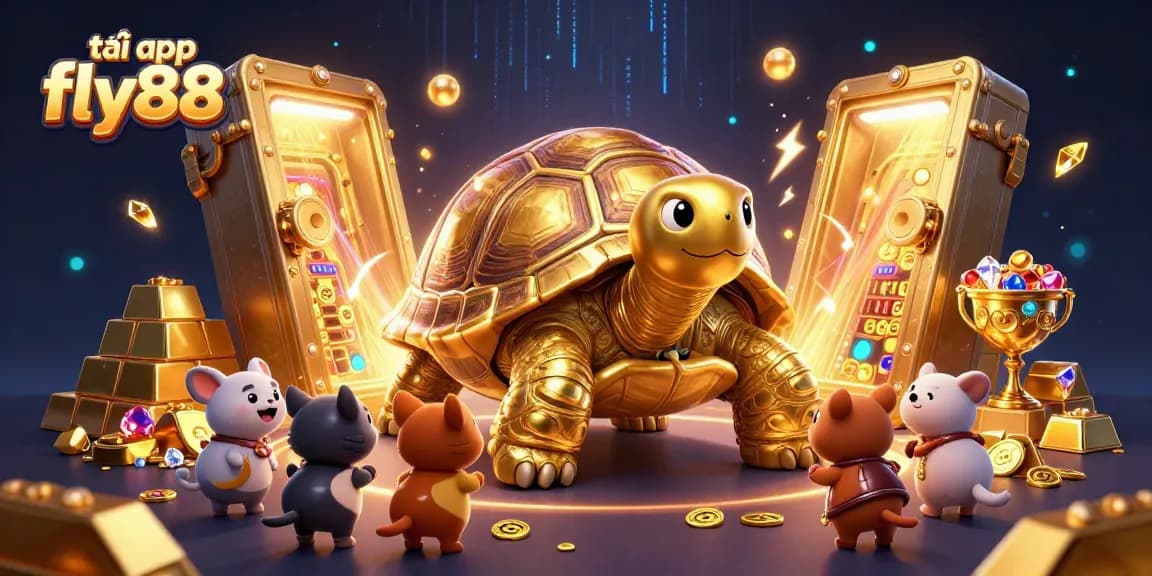 Engage with thrilling gaming action in tải app fly88 featuring a charming golden tortoise and sparkling treasure in a vibrant, colorful scene.