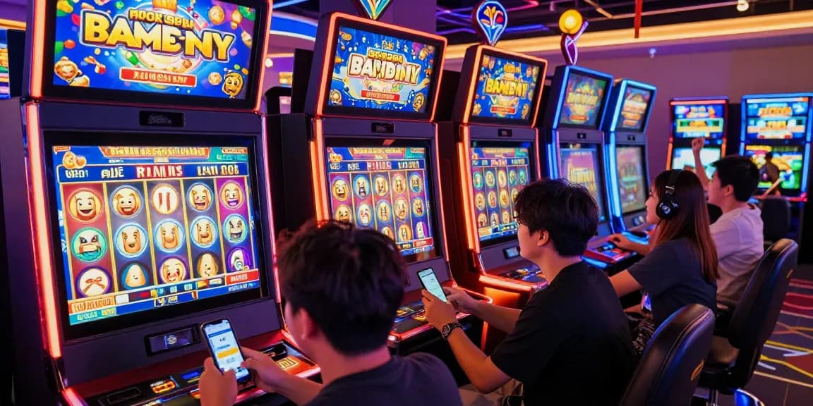 Exciting online gaming scene with players celebrating wins using deposit pulsa tanpa potongan method at vibrant digital casino.
