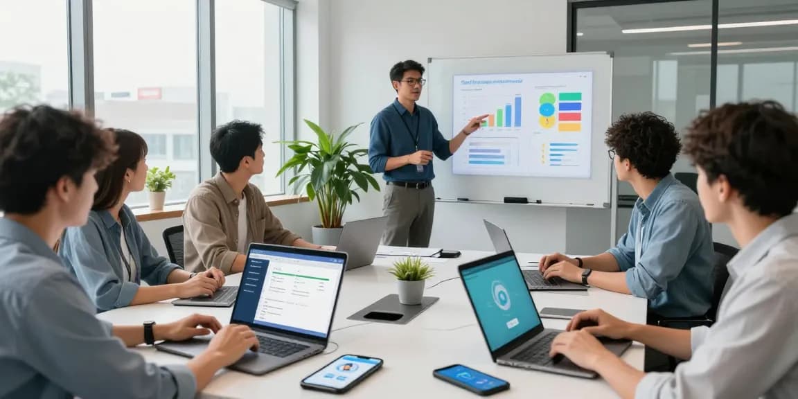 Age verification system collaboration in a modern office setting showcasing advanced compliance software and diverse team innovation.