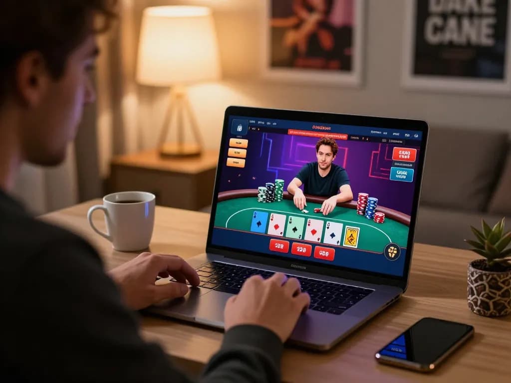 Engaging online poker game on cm88 platform in cozy home setting with player analyzing bets.