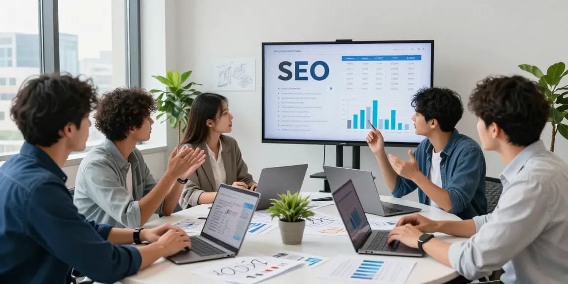 Team in a digital marketing agency collaborating on SEO strategies, showcasing the expertise of an SEO Agency.
