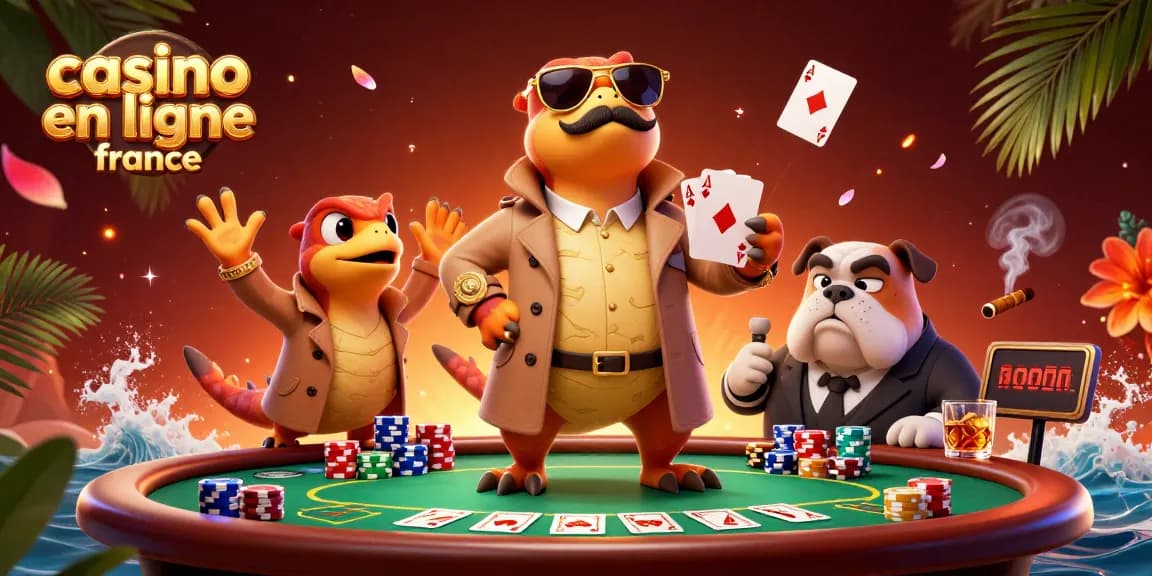 Trois raptors en trench coat tentent d'entrer dans un casino en ligne France avec des jetons de poker.