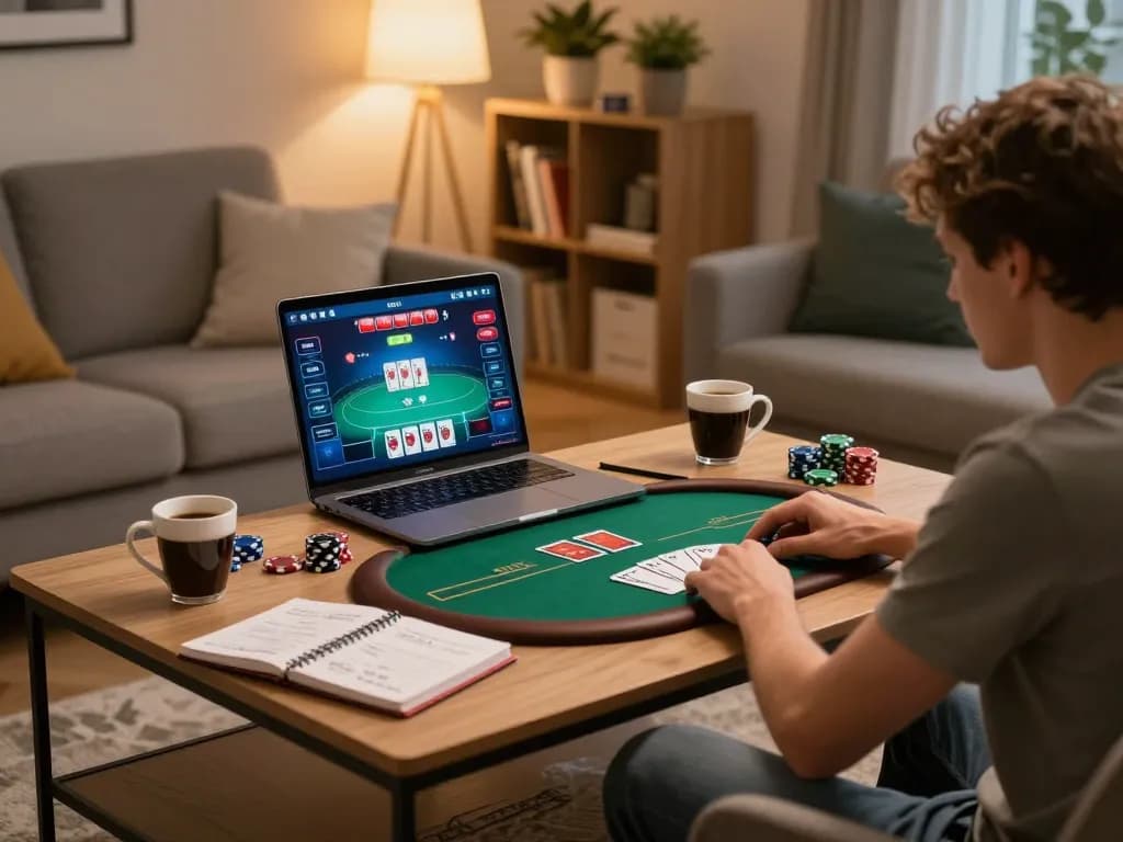 Player engaging in an online poker game with LLwin interface visible, showcasing strategic gameplay in cozy setting.