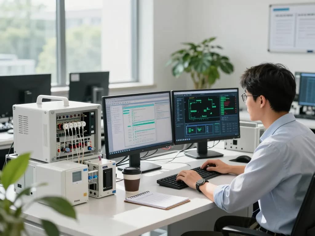 Engineer at Hải Phòng Tech configuring sensors in a modern workspace with multiple screens and tech equipment.
