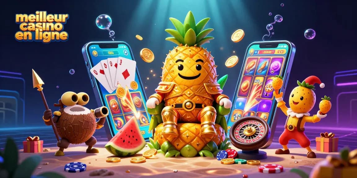 Jouez au meilleur casino en ligne avec le roi ananas et ses gardes sur un fond vibrant