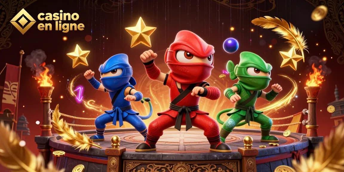 Casino en ligne avec une équipe de caméléons ninjas en action et des éléments de jeu captivants