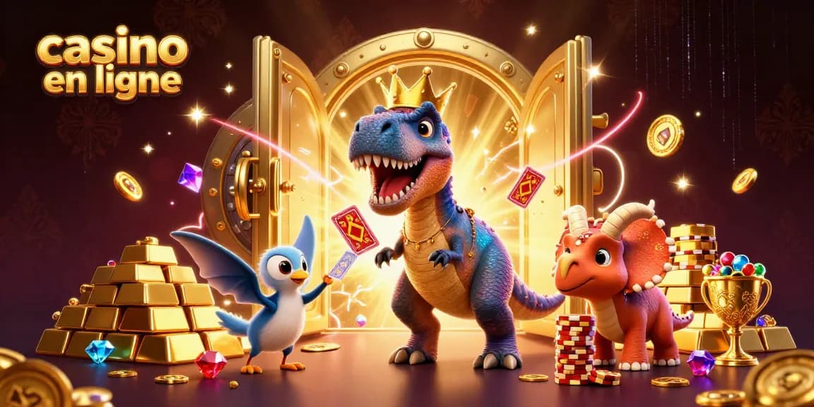 Appréciez le monde des casinos en ligne avec un T-Rex qui tente de jouer aux cartes, entouré de trésors.