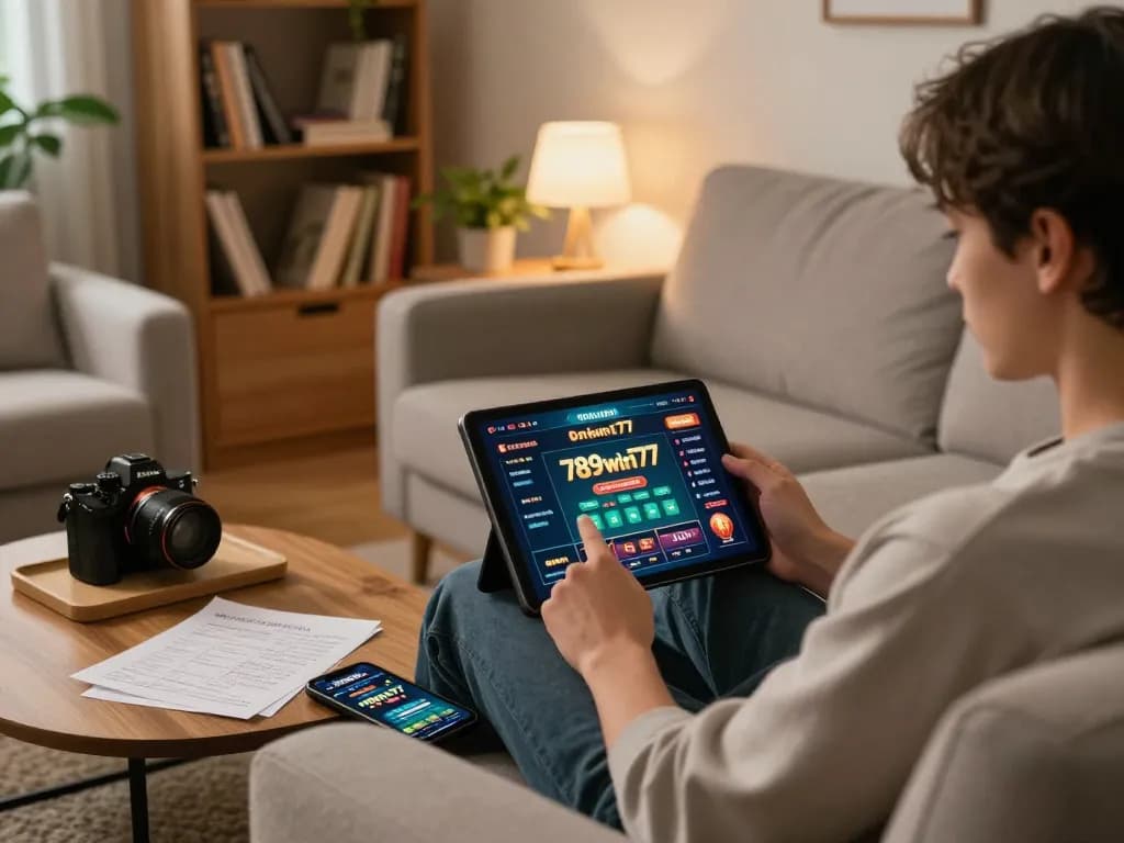 An engaging home gaming scene featuring a user playing on 789win77 app, surrounded by strategy notes and warm lighting.