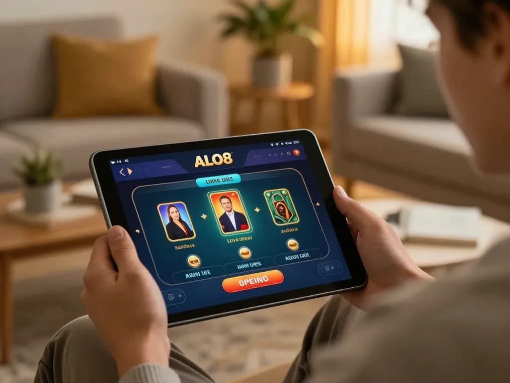 Player enjoying ALO8 online gaming on a tablet in a cozy home setting, demonstrating responsible entertainment.
