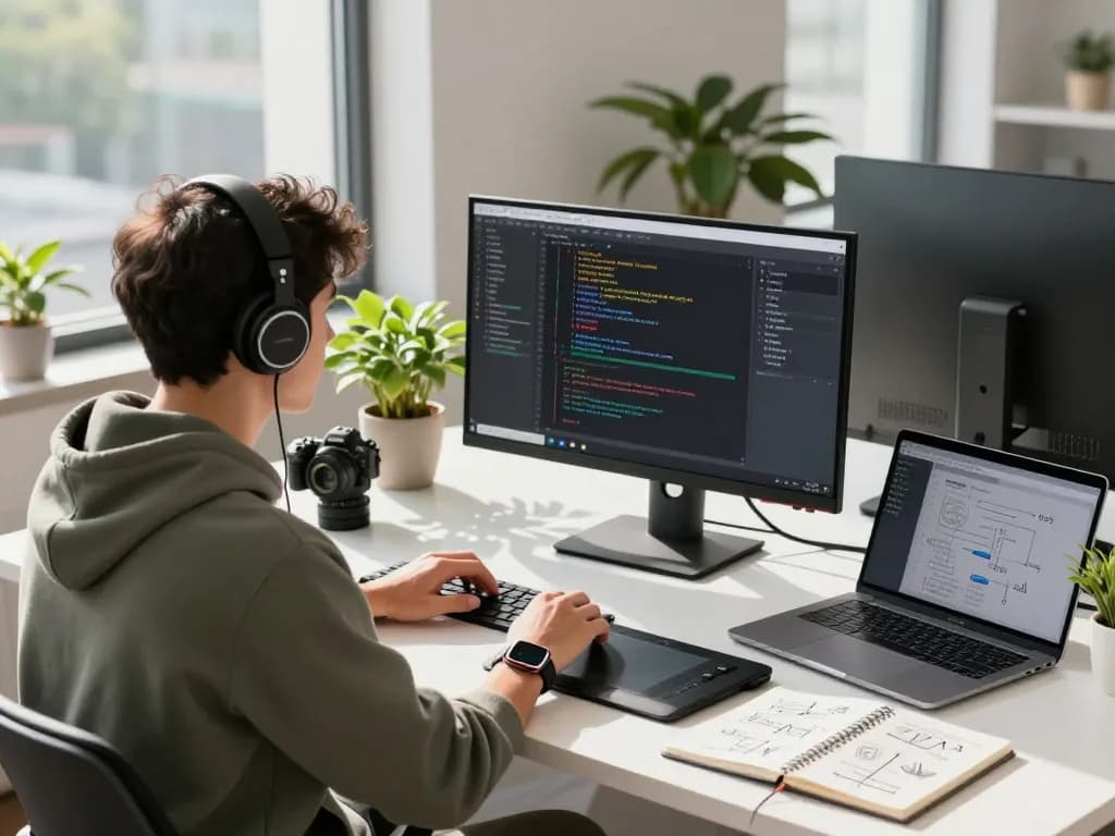 Developer utilizing moltbot in a modern workspace with code on screen and tech gadgets around.