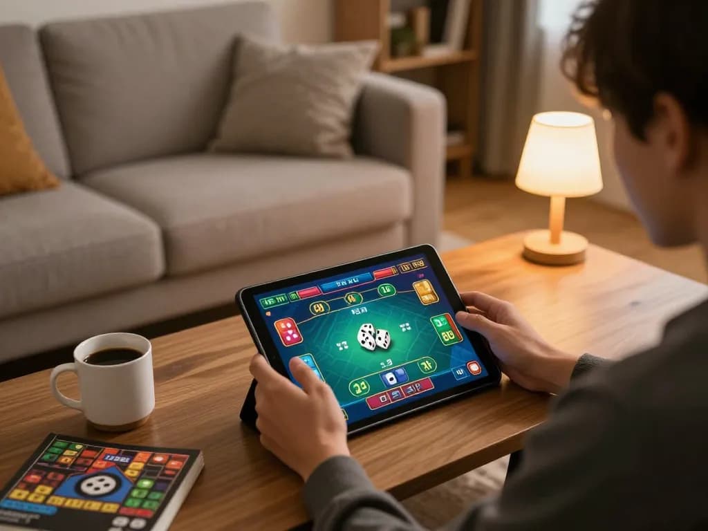 Engaged player enjoying tài xỉu online at home with dynamic game interface on tablet
