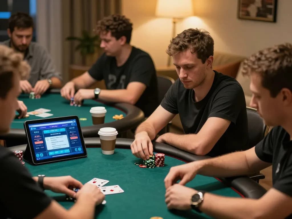 Jun88 online poker players engaged in a competitive game at home, showcasing strategy and excitement.