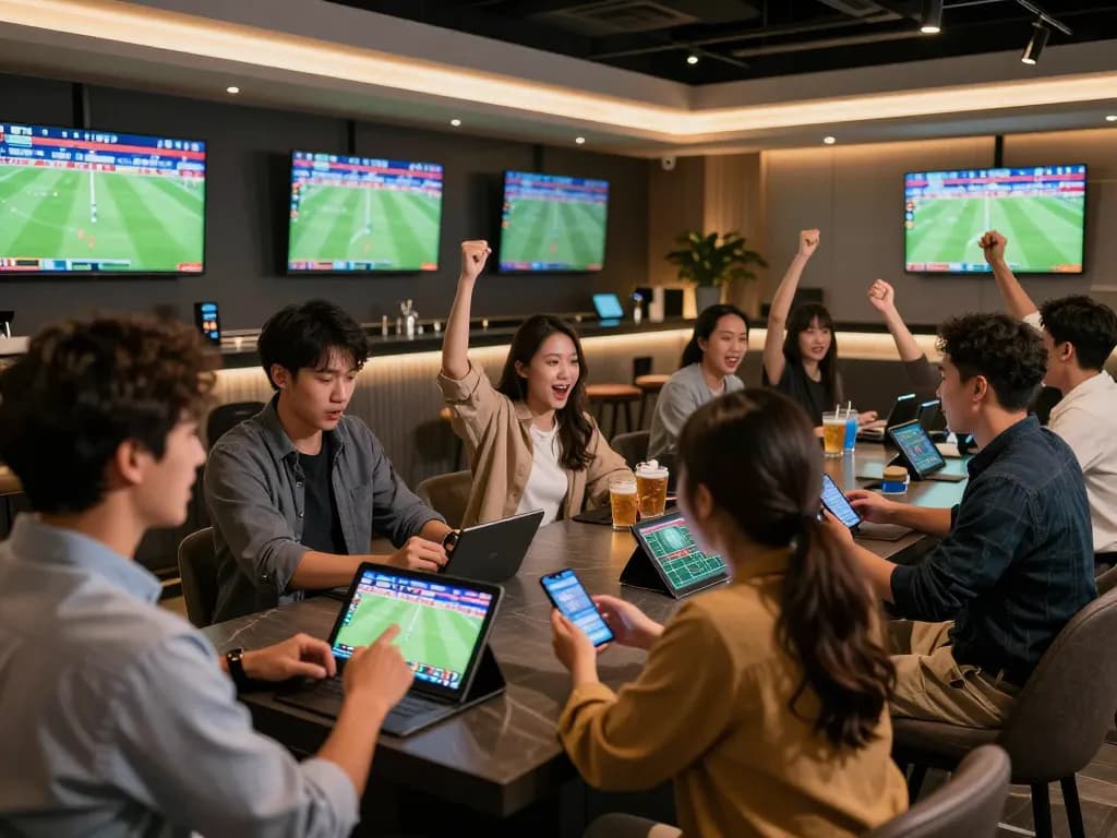 Patrons celebrate a winning bet on pajaktoto in a stylish sports betting lounge