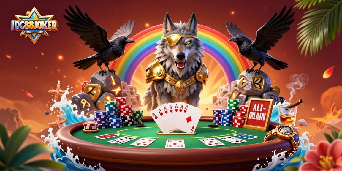 Experience IDC88JOKER's vibrant poker scene featuring Odin and his ravens amidst dazzling casino elements.