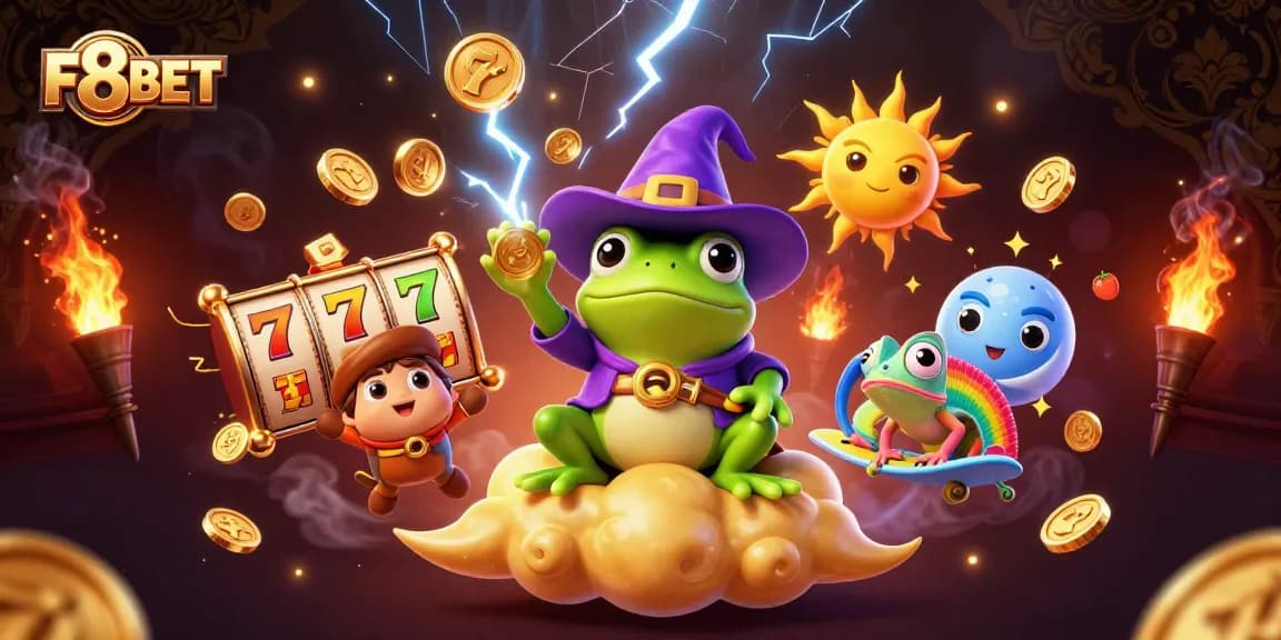 Win big with F8BET: 3D fantasy scene featuring a wizard frog and a chameleon amidst golden coins and slot symbols.