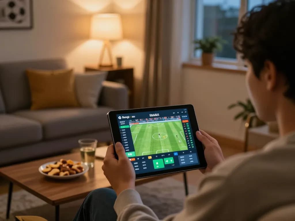 Bongdalu user enjoying live sports betting on a tablet in a cozy home setting, highlighting real-time scores and engaging atmosphere.