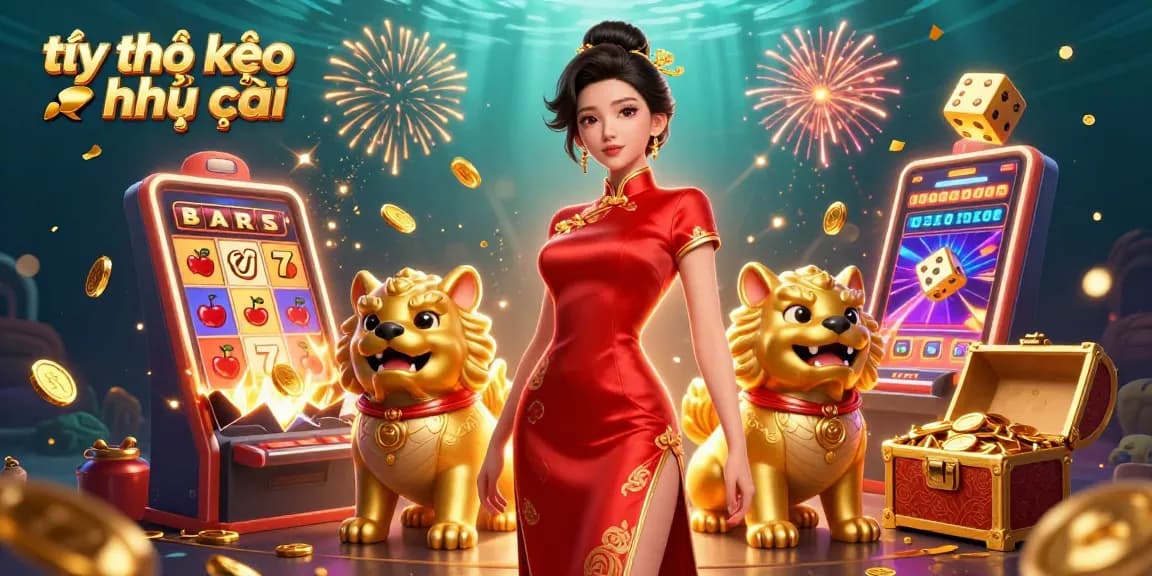 Engage with tỷ lệ kèo nhà cái as glamorous woman interacts with lucky slot symbols and golden guardians.