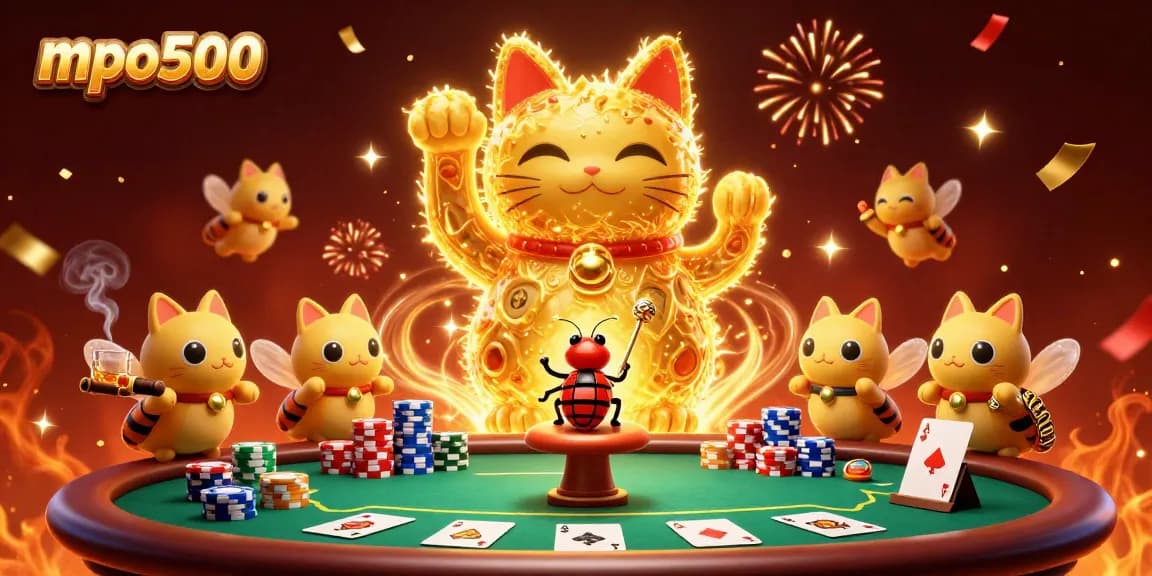 Engage with mpo500 by experiencing a festival of luck featuring a vibrant lucky cat and poker elements.