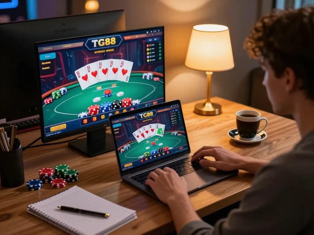 Player enjoying TG88 online casino games on a laptop with colorful poker interface.