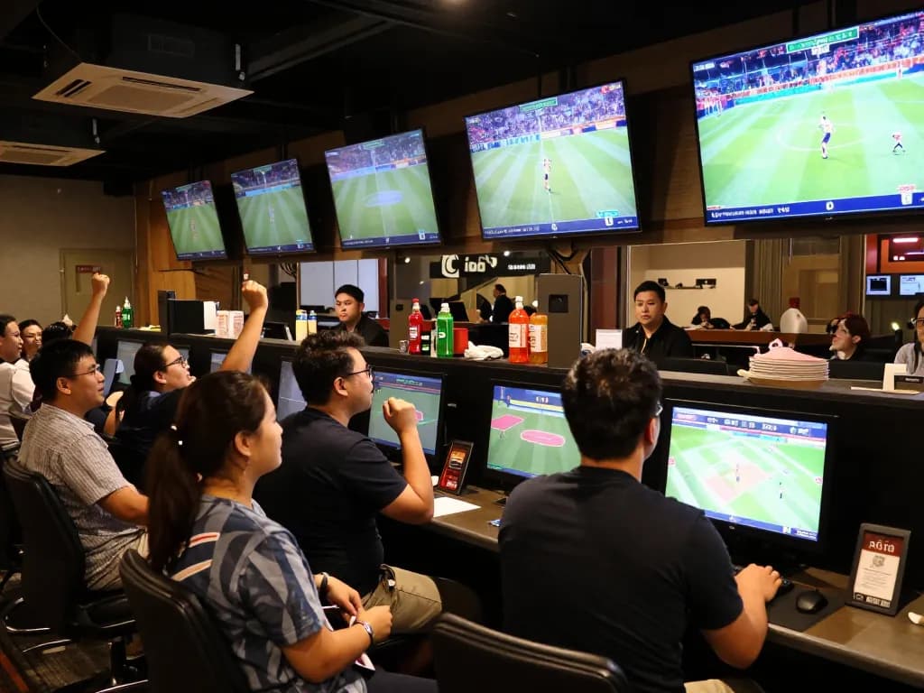 Excited fans actively engaging with kèo nhà cái at a live sports betting venue, cheering and placing bets.
