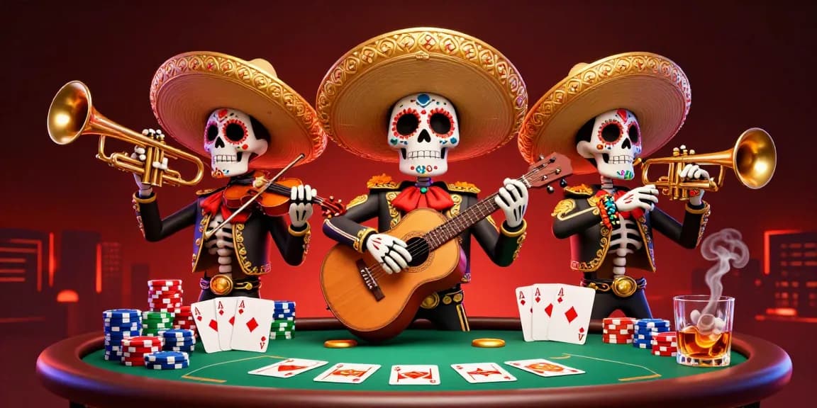 Illustration d'une bande mariachi squelettique jouant autour d'une table de poker pour "casino en ligne avec retrait immédiat".