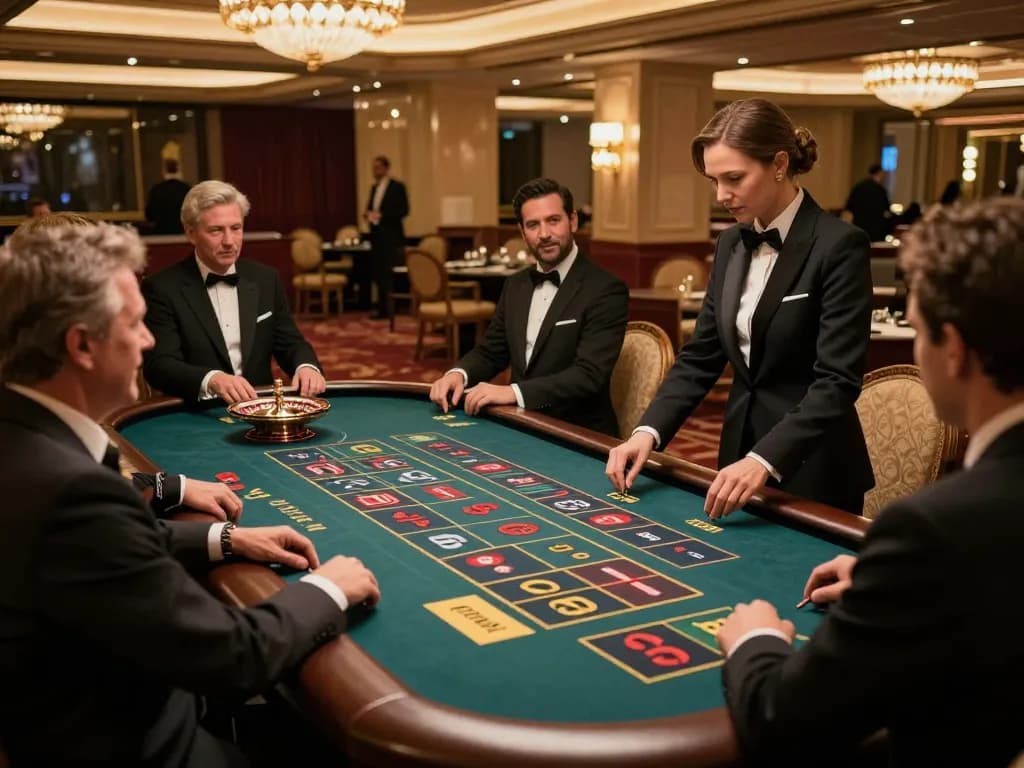 Players placing bets on the vibrant roulette table at LV88 casino with elegant decor in the background.
