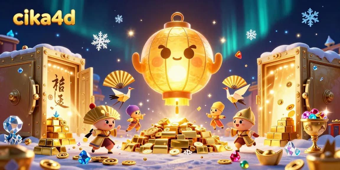 Experience the magic of cika4d with a vibrant 3D illustration of lively casino spirits and treasures.