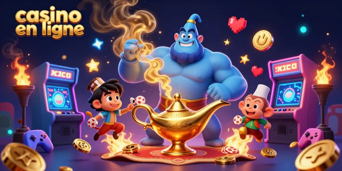 Casino en ligne, découvrez l'animation magique avec un génie, un singe et des jetons aux couleurs vives.