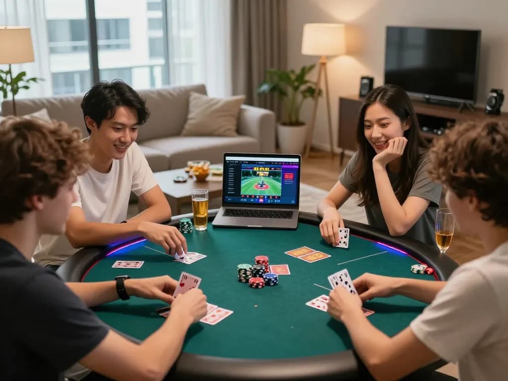 Friends enjoying IDN Poker in a lively home setting with chips and cards.