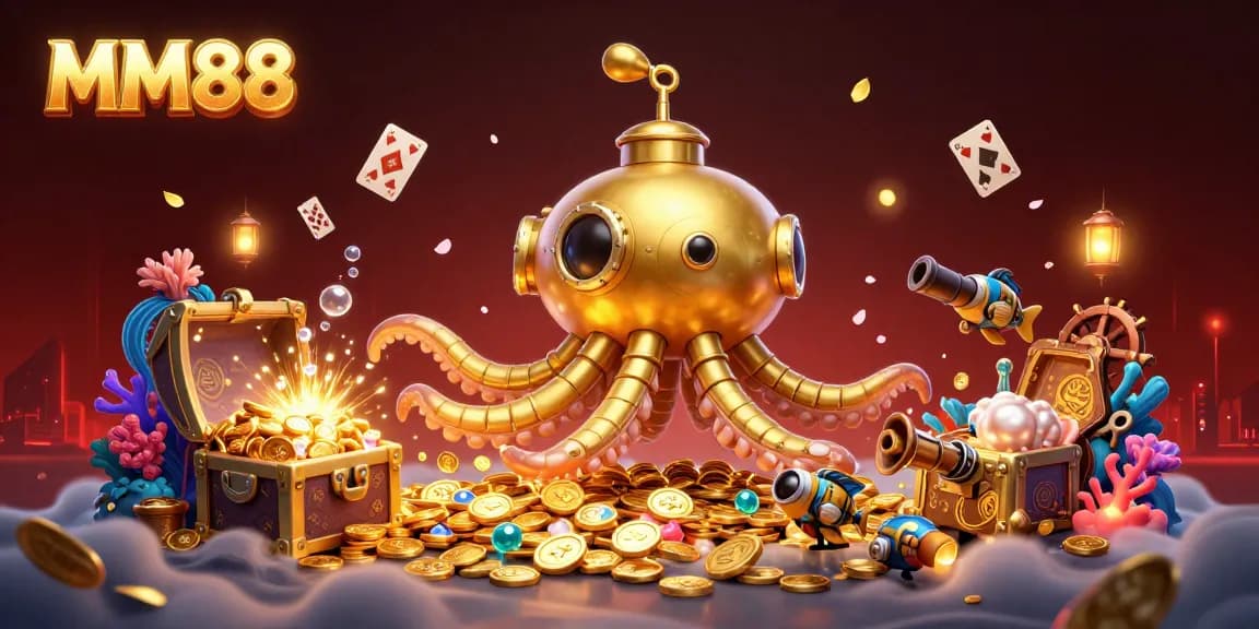 Experience the thrilling world of MM88 with a golden kraken submarine surrounded by treasures and games.