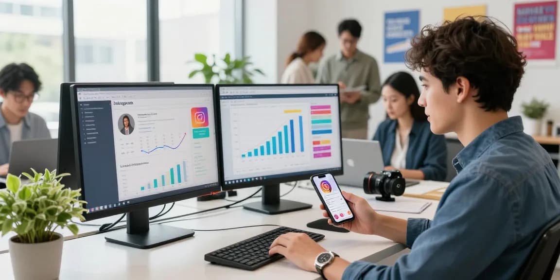 Engaging scene of a marketer analyzing metrics while researching instagram follower kaufen strategies in a modern workspace.