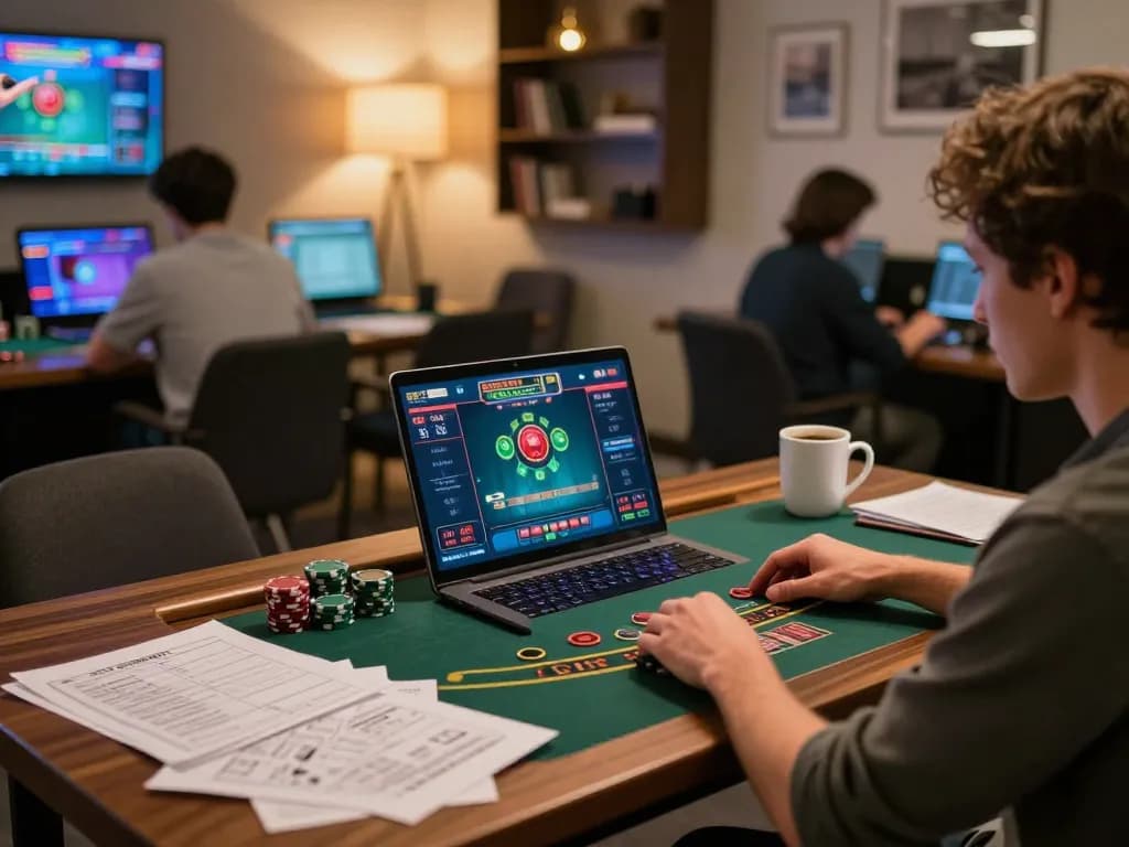 Engaging in blackjack gameplay on a laptop while strategizing with notes, highlighting onbet