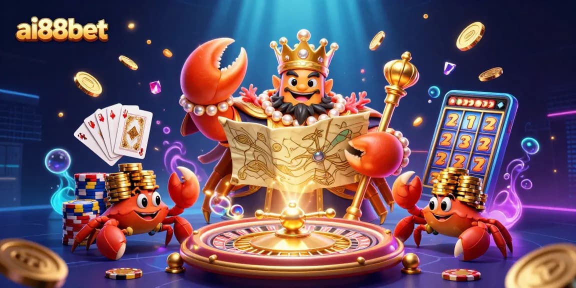 Engage in vibrant gameplay at ai88bet featuring a golden crab emperor and dynamic casino elements.