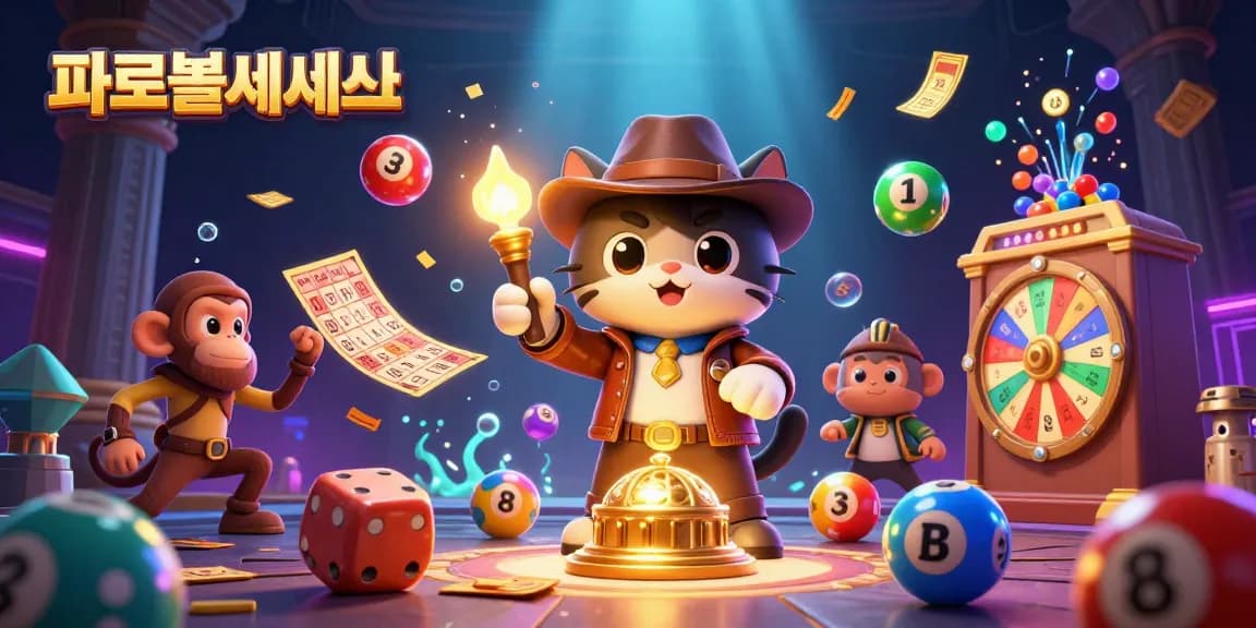 파워볼사이트에서 다채로운 복권 볼과 행운의 고양이 탐험가가 어우러진 장면