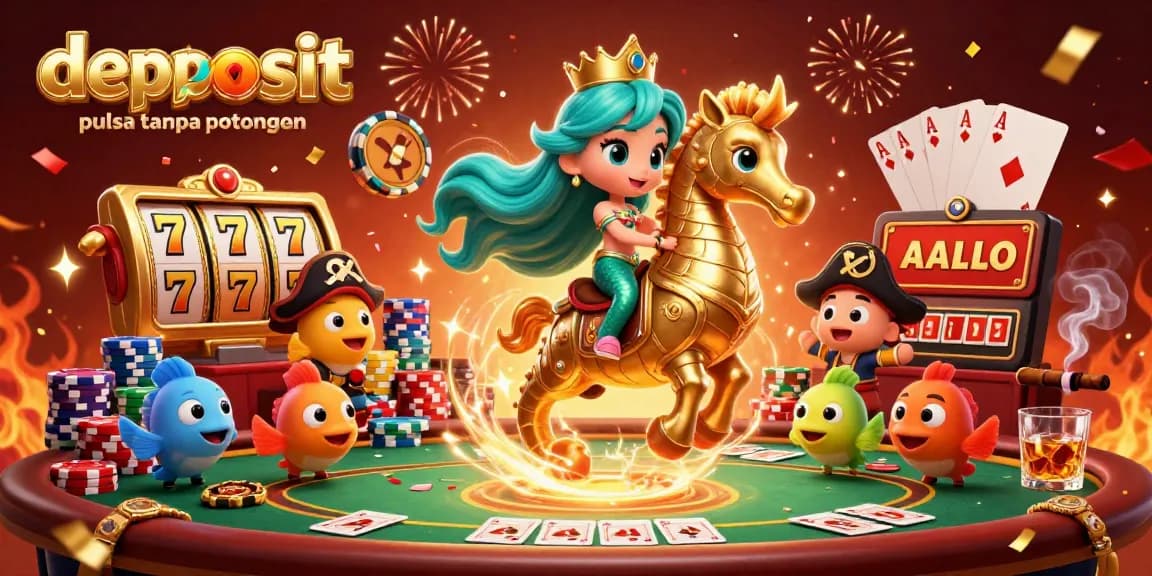 Experience the excitement of deposit pulsa tanpa potongan with vibrant casino elements featuring unique characters and festive atmosphere.