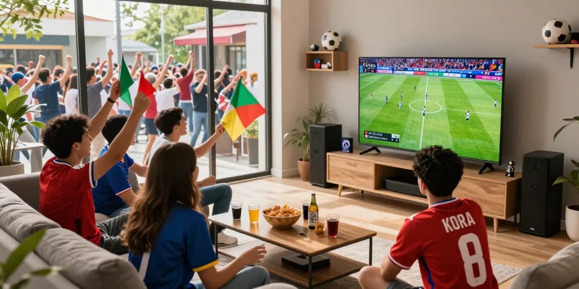 Excited fans enjoying kora live stream of a football match with snacks.